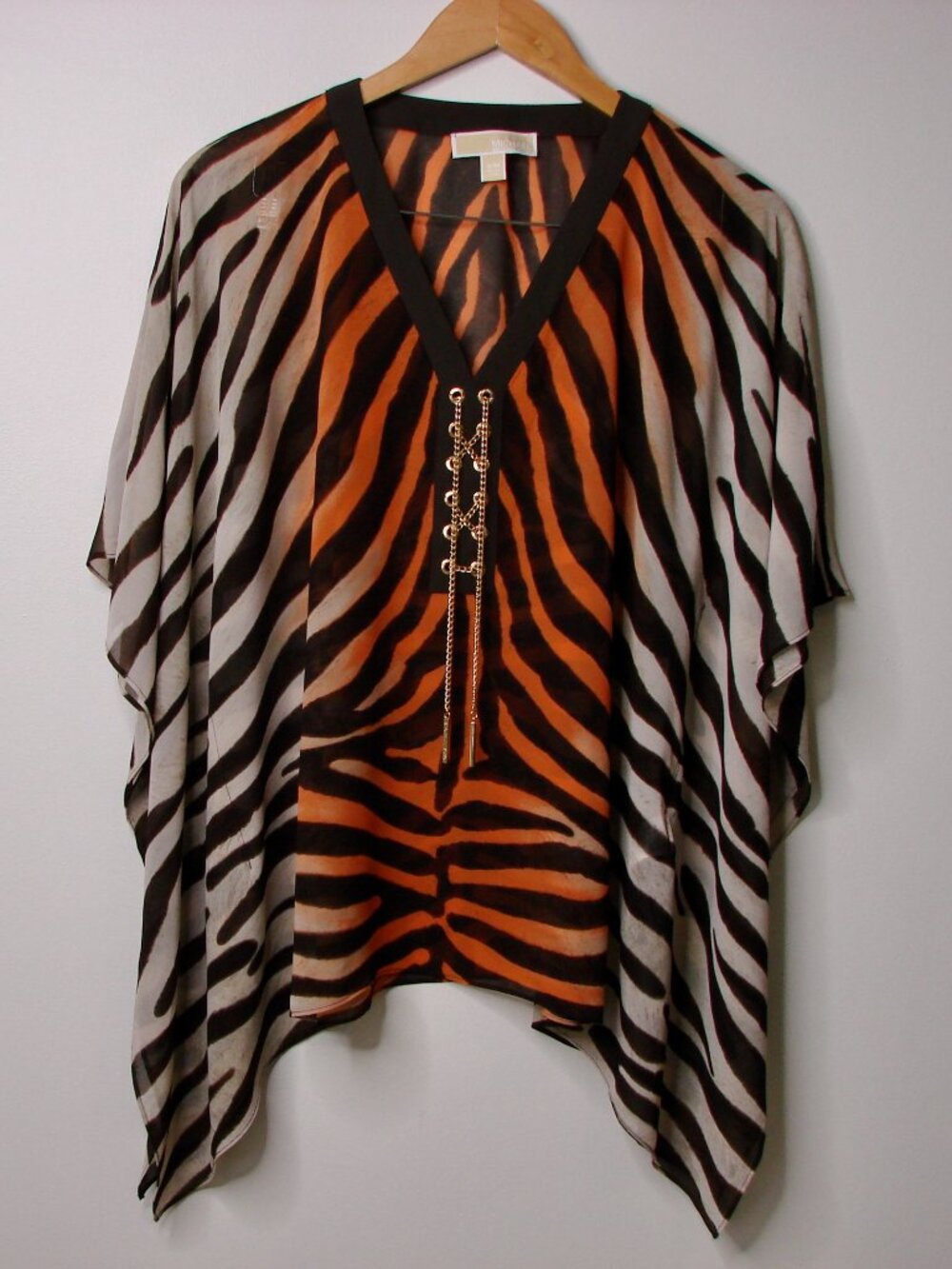 Michael Michael Kors Blouse Tiger Animal Print Sheer Poncho Gold Small Medium
